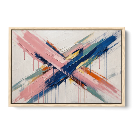 Pink and Blue Abstract Painting Crossed in Cobalt - Oak Framed Canvas Wall Art - Front