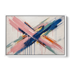 Pink and Blue Abstract Painting Crossed in Cobalt - White Framed Canvas Wall Art - Front