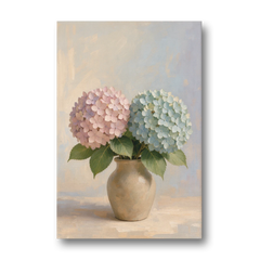 Pink and Blue Hydrangeas in a Sand Vase - Canvas Wall Art - Front