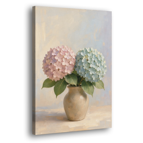 Pink and Blue Hydrangeas in a Sand Vase - Canvas Wall Art - Side