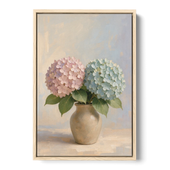 Pink and Blue Hydrangeas in a Sand Vase - Oak Framed Canvas Wall Art - Front