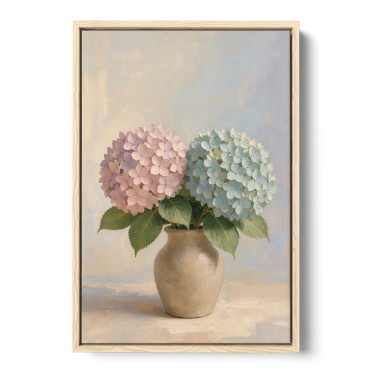 Pink and Blue Hydrangeas in a Sand Vase - Oak Framed Canvas Wall Art - Front