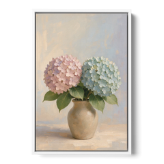 Pink and Blue Hydrangeas in a Sand Vase - White Framed Canvas Wall Art - Front