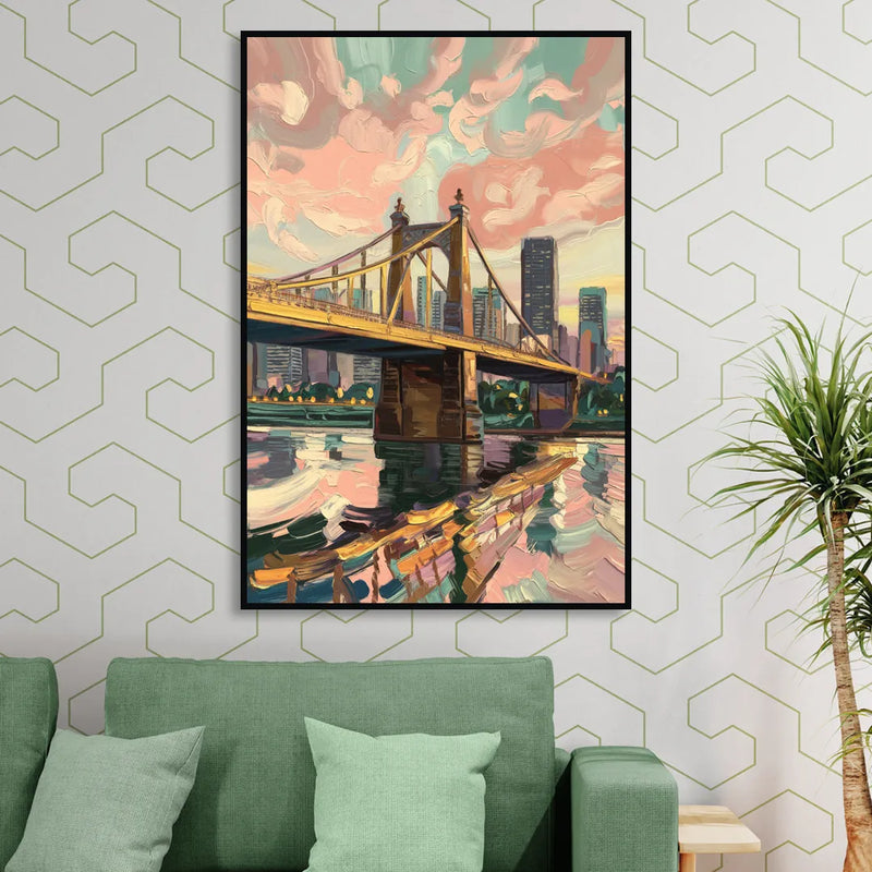 Pittsburgh Bridges and Rivers Living Room - Black Canvas Wall Art