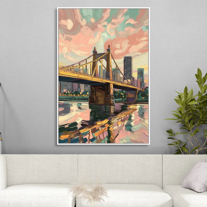 Pittsburgh Bridges and Rivers Sitting Room - White Canvas Wall Art