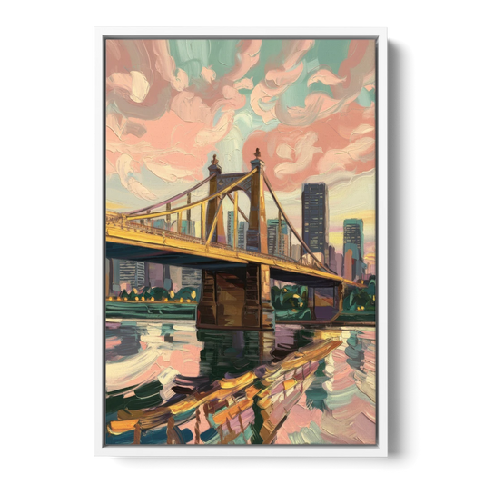Pittsburgh Bridges and Rivers - White Framed Canvas Wall Art - Front