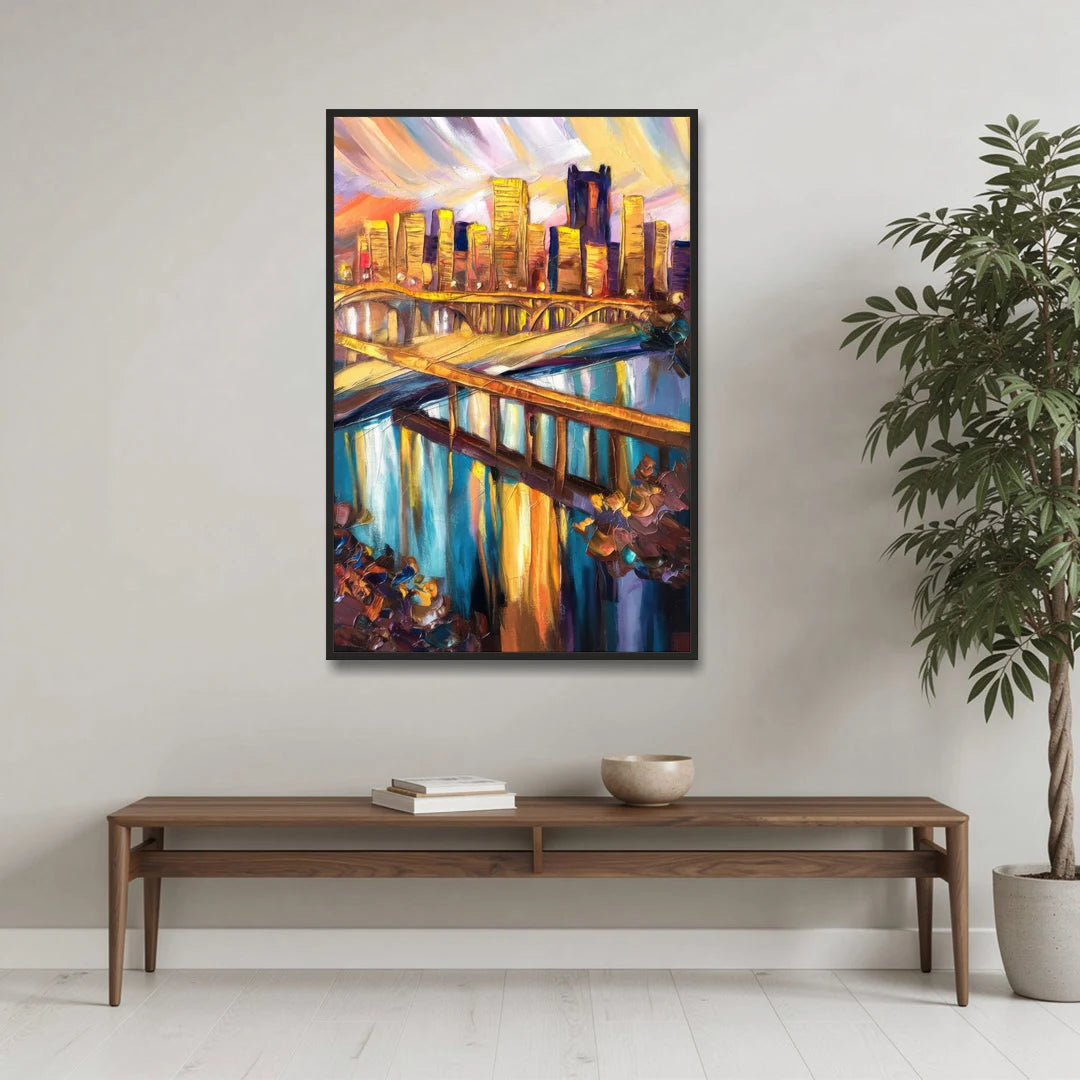 Pittsburgh Downtown Cityscape - Black Framed Canvas Wall Art - Coffee Table - 32x48