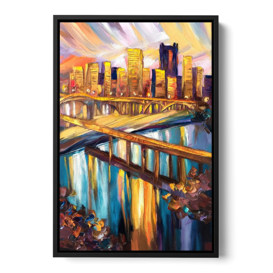 Pittsburgh Downtown Cityscape - Black Framed Canvas Wall Art - Front
