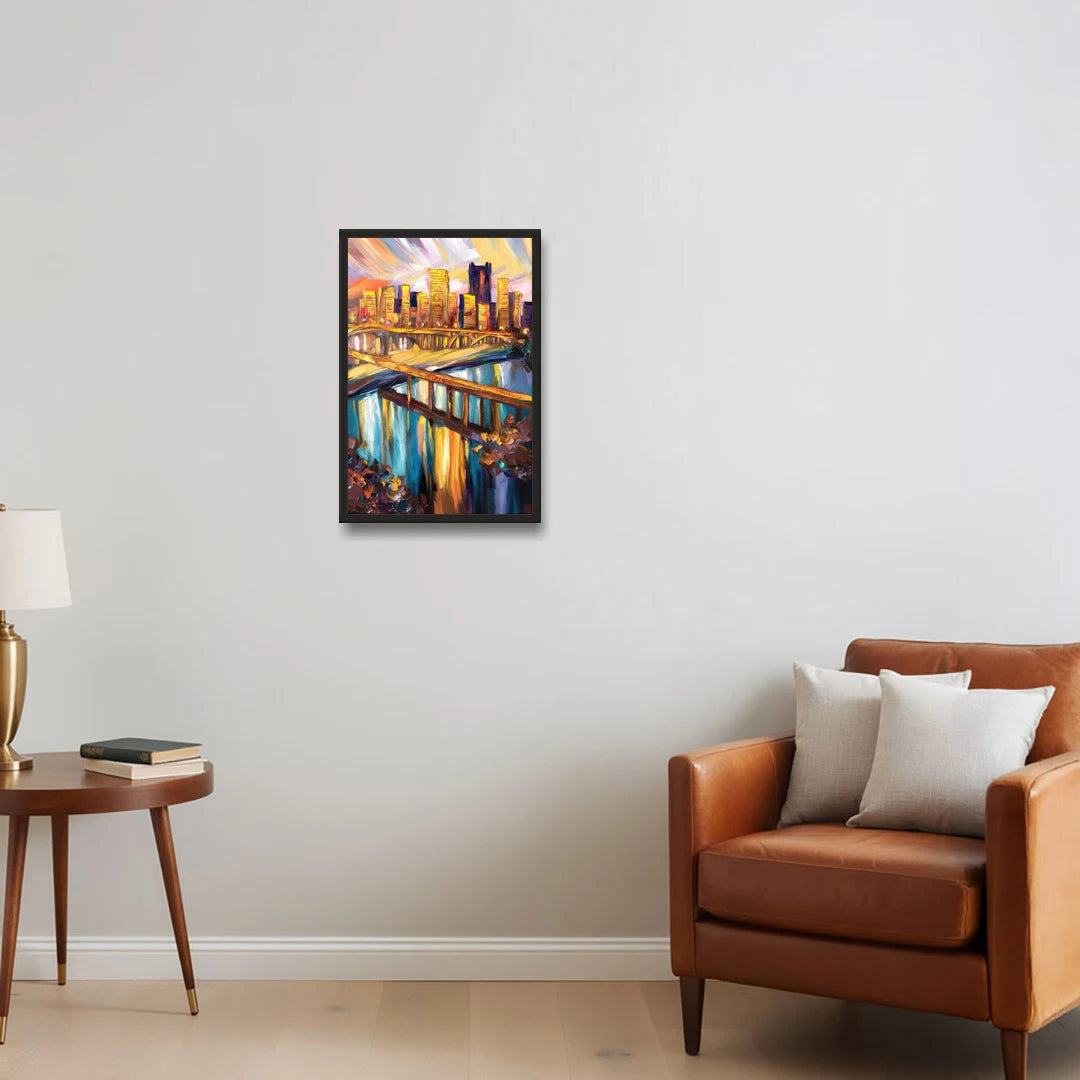 Pittsburgh Downtown Cityscape - Black Framed Canvas Wall Art - Sofa - 16x24