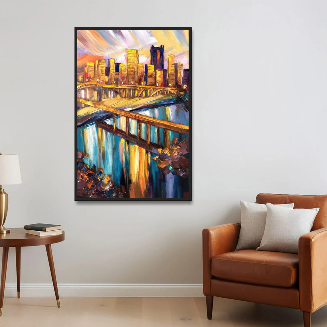 Pittsburgh Downtown Cityscape - Black Framed Canvas Wall Art - Sofa - 32x48