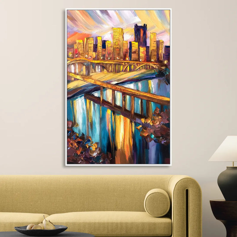 Pittsburgh Downtown Cityscape Sitting Room - White Canvas Wall Art