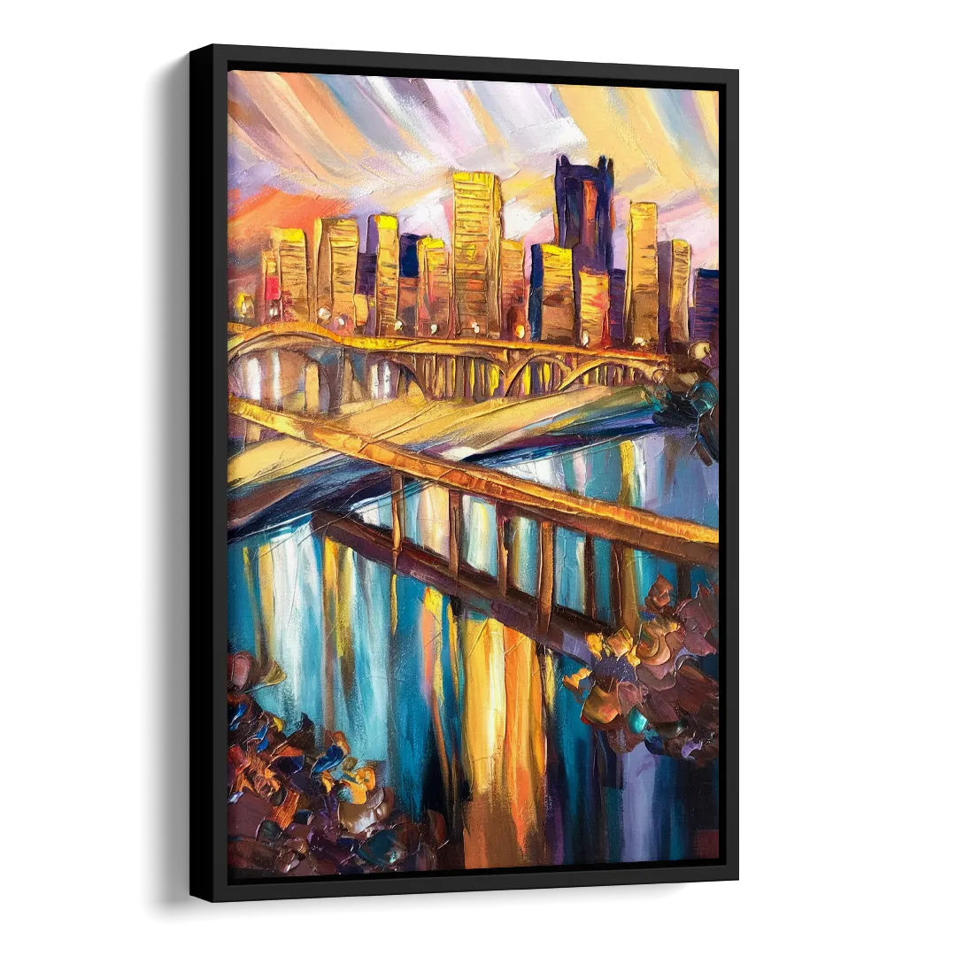 Pittsburgh Downtown Cityscape Side - Black Canvas Wall Art