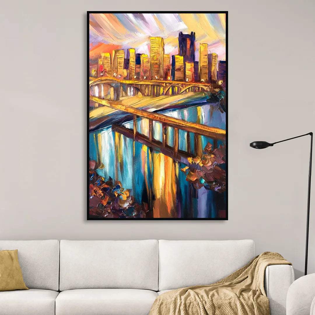 Pittsburgh Downtown Cityscape Living Room - Black Canvas Wall Art