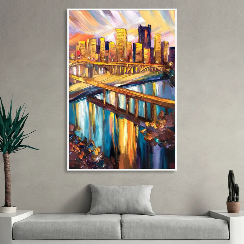 Pittsburgh Downtown Cityscape Living Room - White Canvas Wall Art