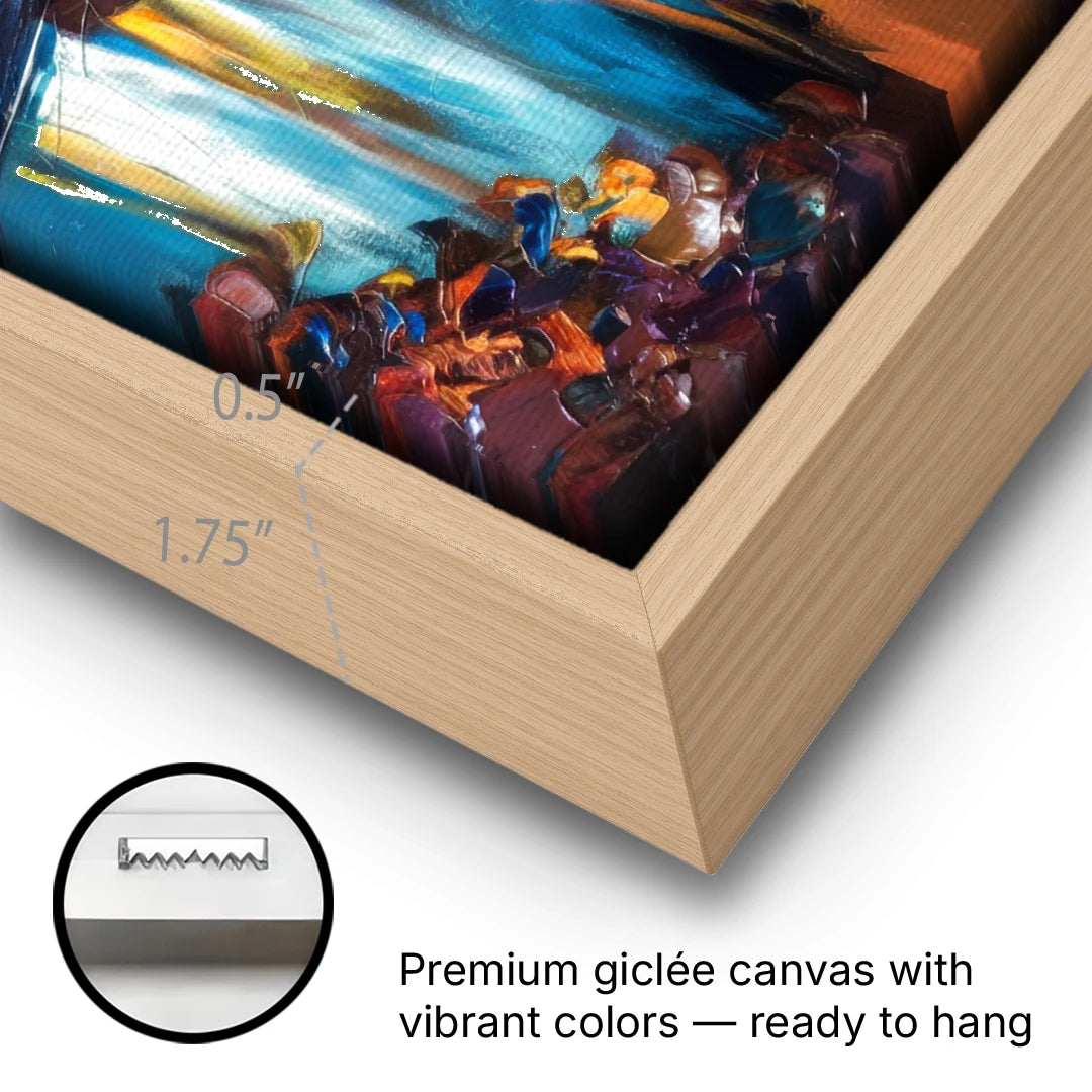 Pittsburgh Downtown Cityscape - Oak Framed Canvas Wall Art - Gallery Wrap Corner