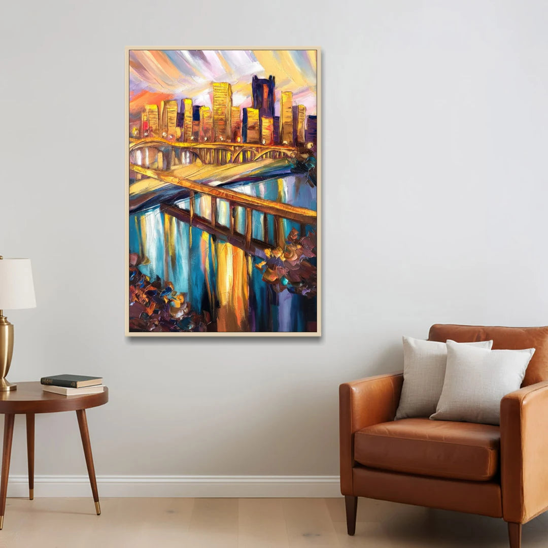 Pittsburgh Downtown Cityscape - Oak Framed Canvas Wall Art - Sofa - 32x48