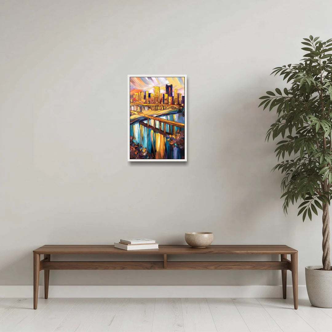 Pittsburgh Downtown Cityscape - White Framed Canvas Wall Art - Coffee Table - 16x24