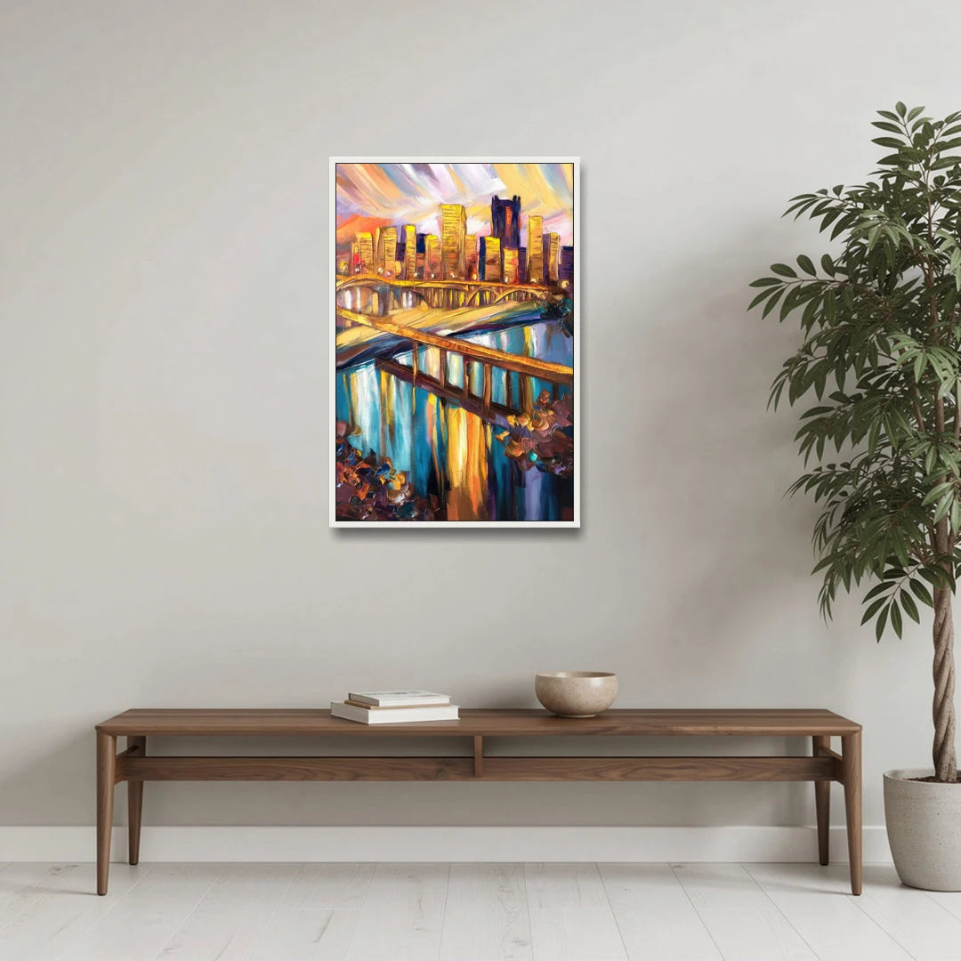 Pittsburgh Downtown Cityscape - White Framed Canvas Wall Art - Coffee Table - 24x36