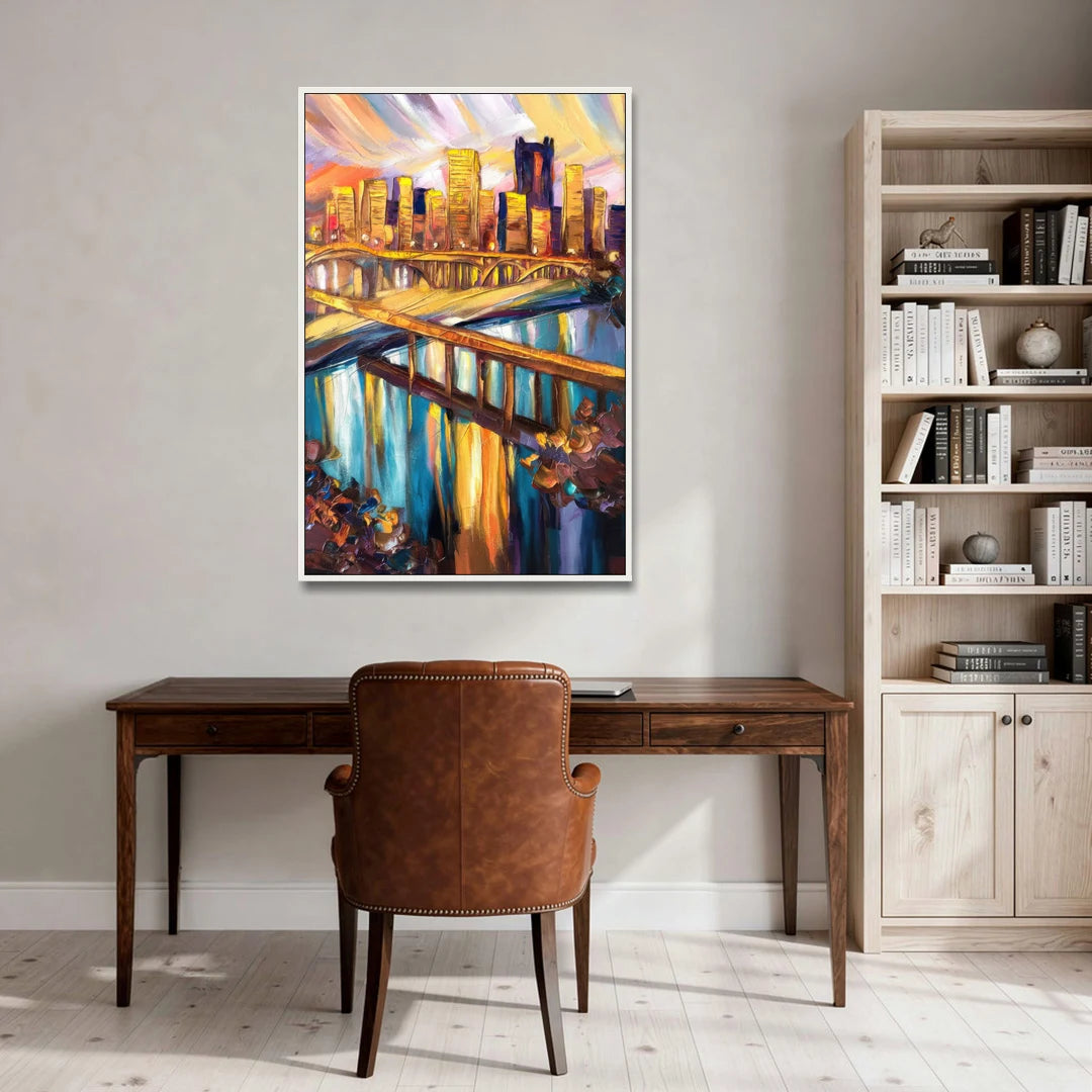 Pittsburgh Downtown Cityscape - White Framed Canvas Wall Art - Office - 32x48