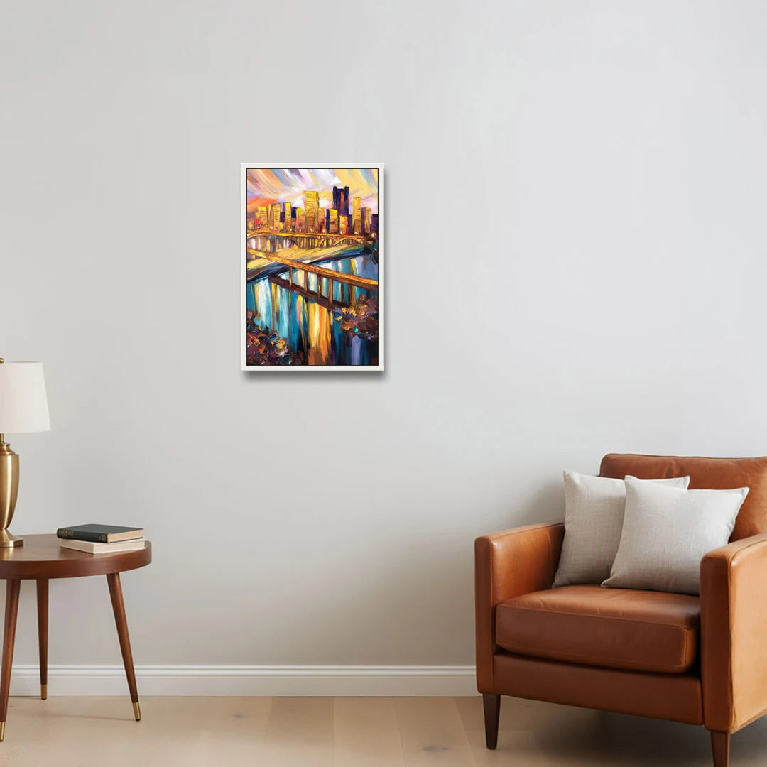 Pittsburgh Downtown Cityscape - White Framed Canvas Wall Art - Sofa - 16x24