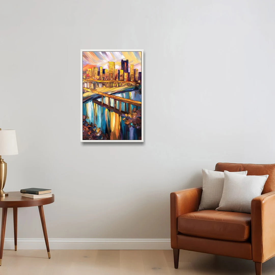 Pittsburgh Downtown Cityscape - White Framed Canvas Wall Art - Sofa - 20x30