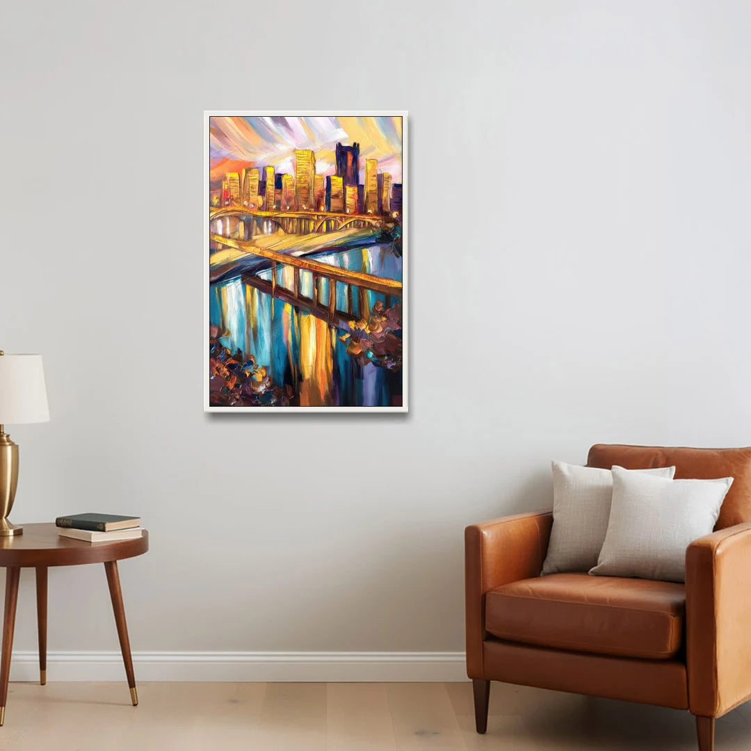 Pittsburgh Downtown Cityscape - White Framed Canvas Wall Art - Sofa - 24x36