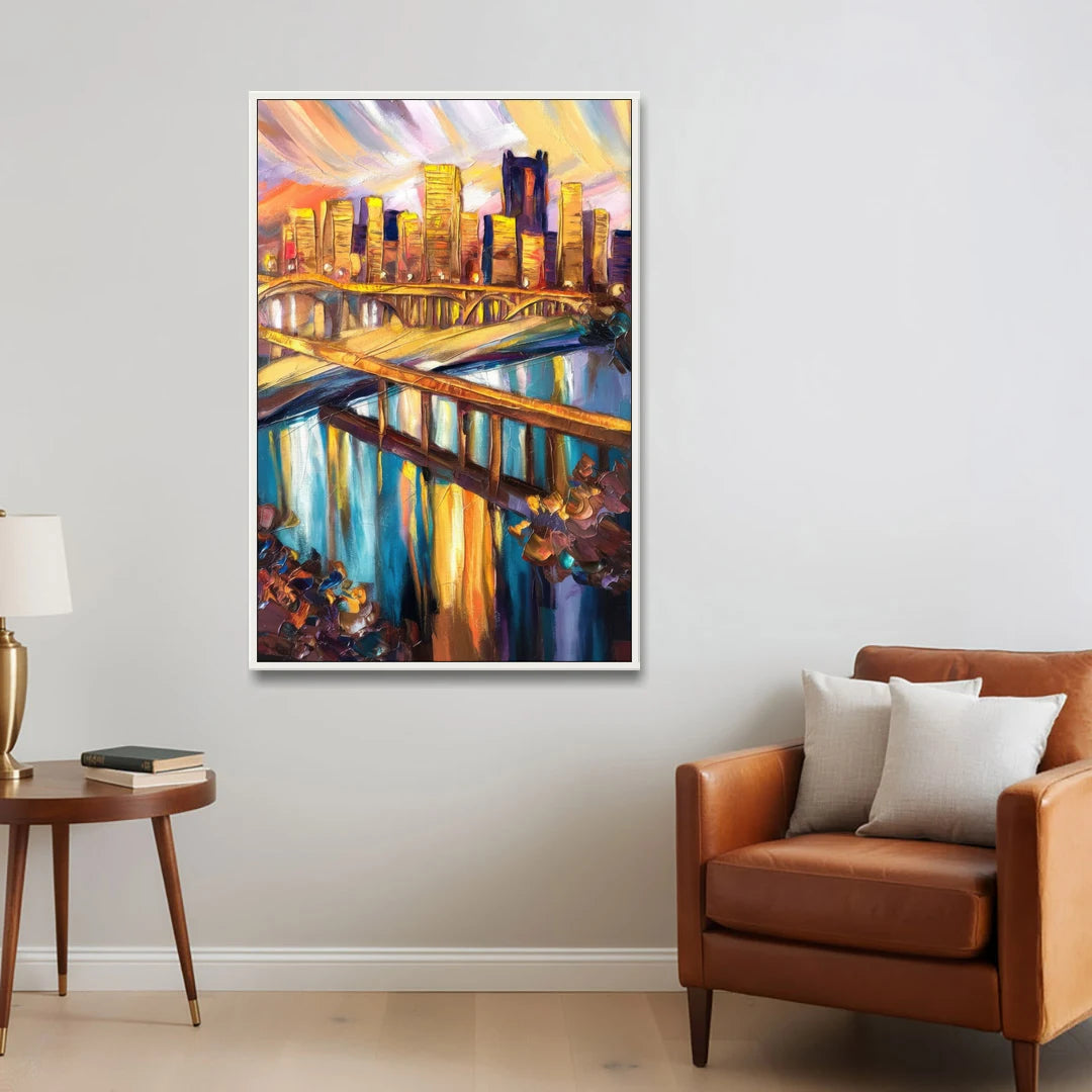 Pittsburgh Downtown Cityscape - White Framed Canvas Wall Art - Sofa - 32x48