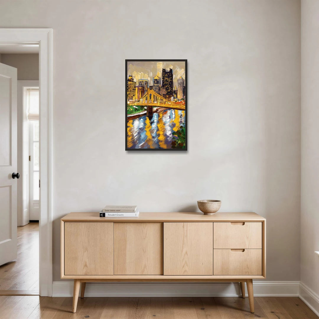 Pittsburgh Downtown Lights - Black Framed Canvas Wall Art - Coffee Table - 20x30