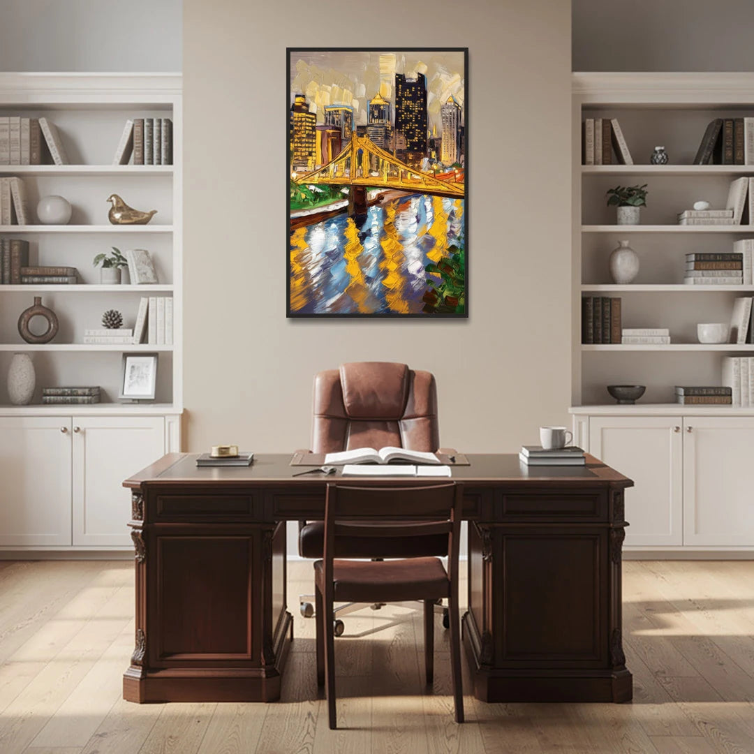 Pittsburgh Downtown Lights - Black Framed Canvas Wall Art - Office - 32x48