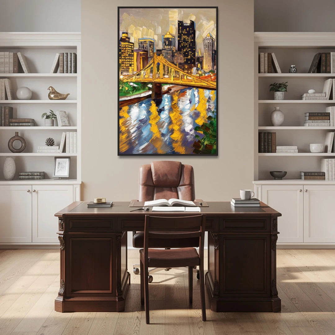 Pittsburgh Downtown Lights - Black Framed Canvas Wall Art - Office - 40x60
