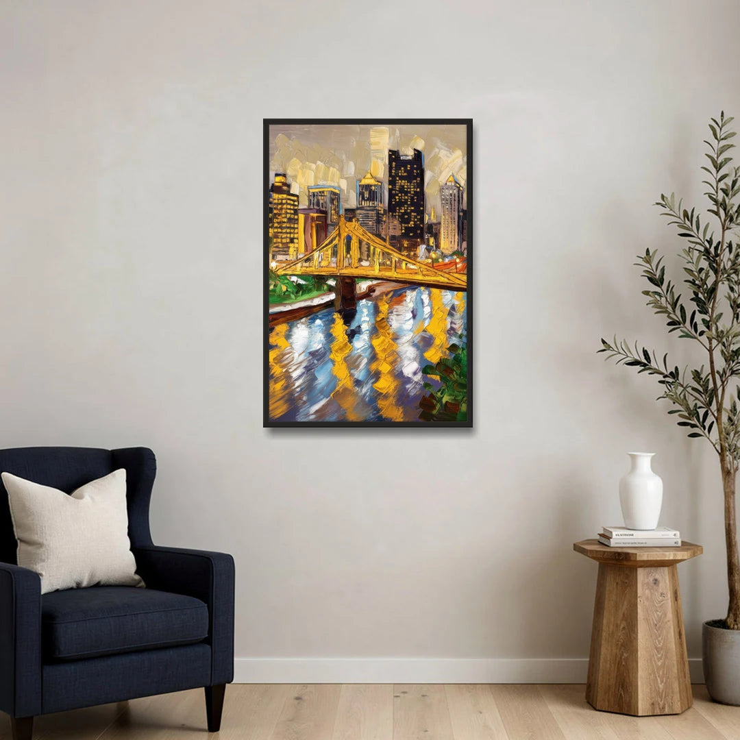Pittsburgh Downtown Lights - Black Framed Canvas Wall Art - Sofa - 24x36