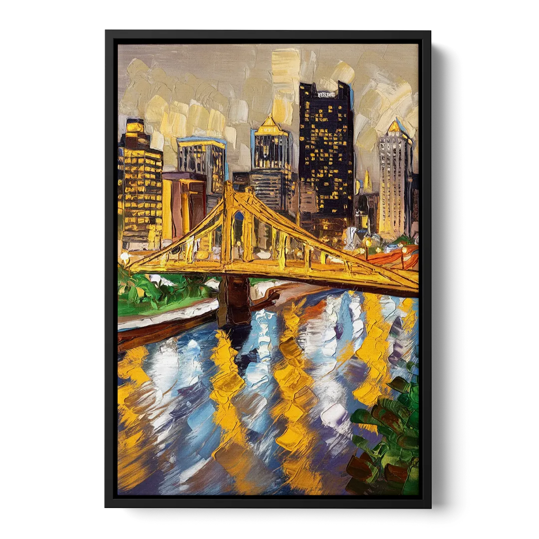 Pittsburgh Downtown Lights Front - Black Canvas Wall Art