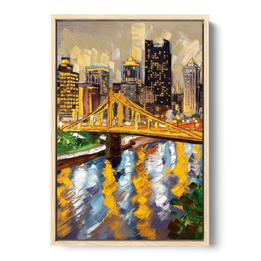 Pittsburgh Downtown Lights - Oak Framed Canvas Wall Art - Front