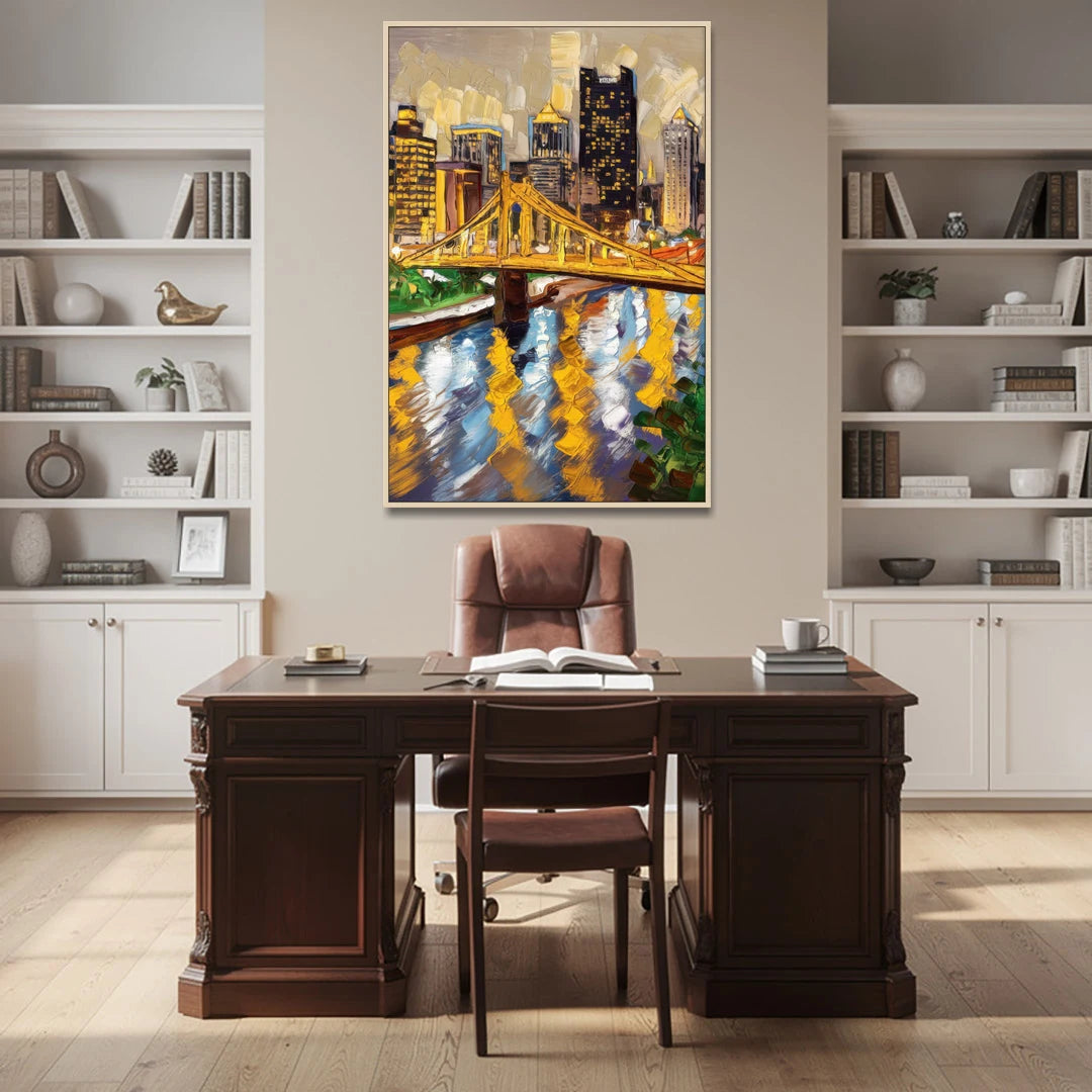 Pittsburgh Downtown Lights - Oak Framed Canvas Wall Art - Office - 40x60