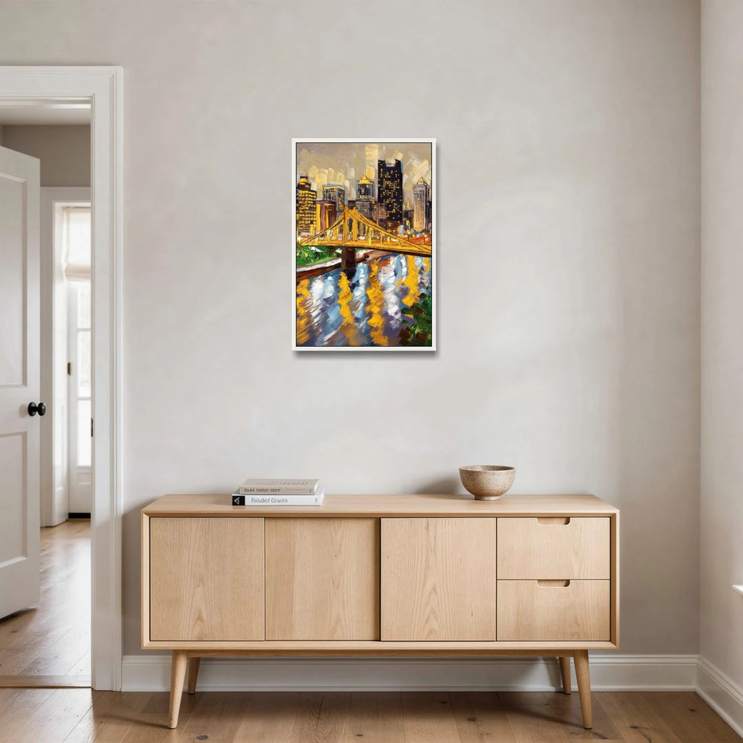 Pittsburgh Downtown Lights - White Framed Canvas Wall Art - Coffee Table - 20x30