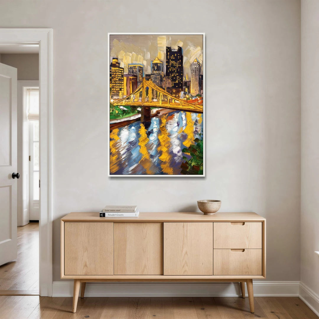 Pittsburgh Downtown Lights - White Framed Canvas Wall Art - Coffee Table - 32x48