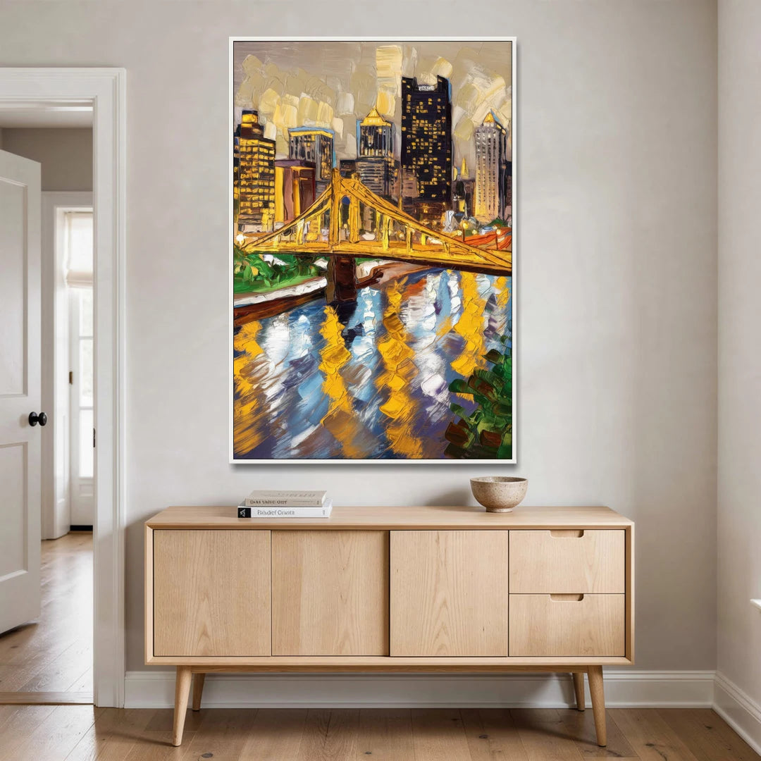 Pittsburgh Downtown Lights - White Framed Canvas Wall Art - Coffee Table - 40x60