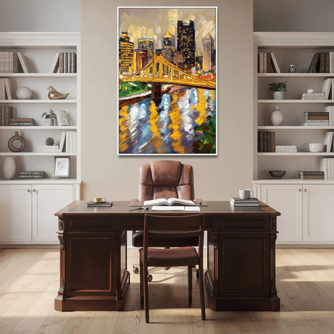 Pittsburgh Downtown Lights - White Framed Canvas Wall Art - Office - 40x60