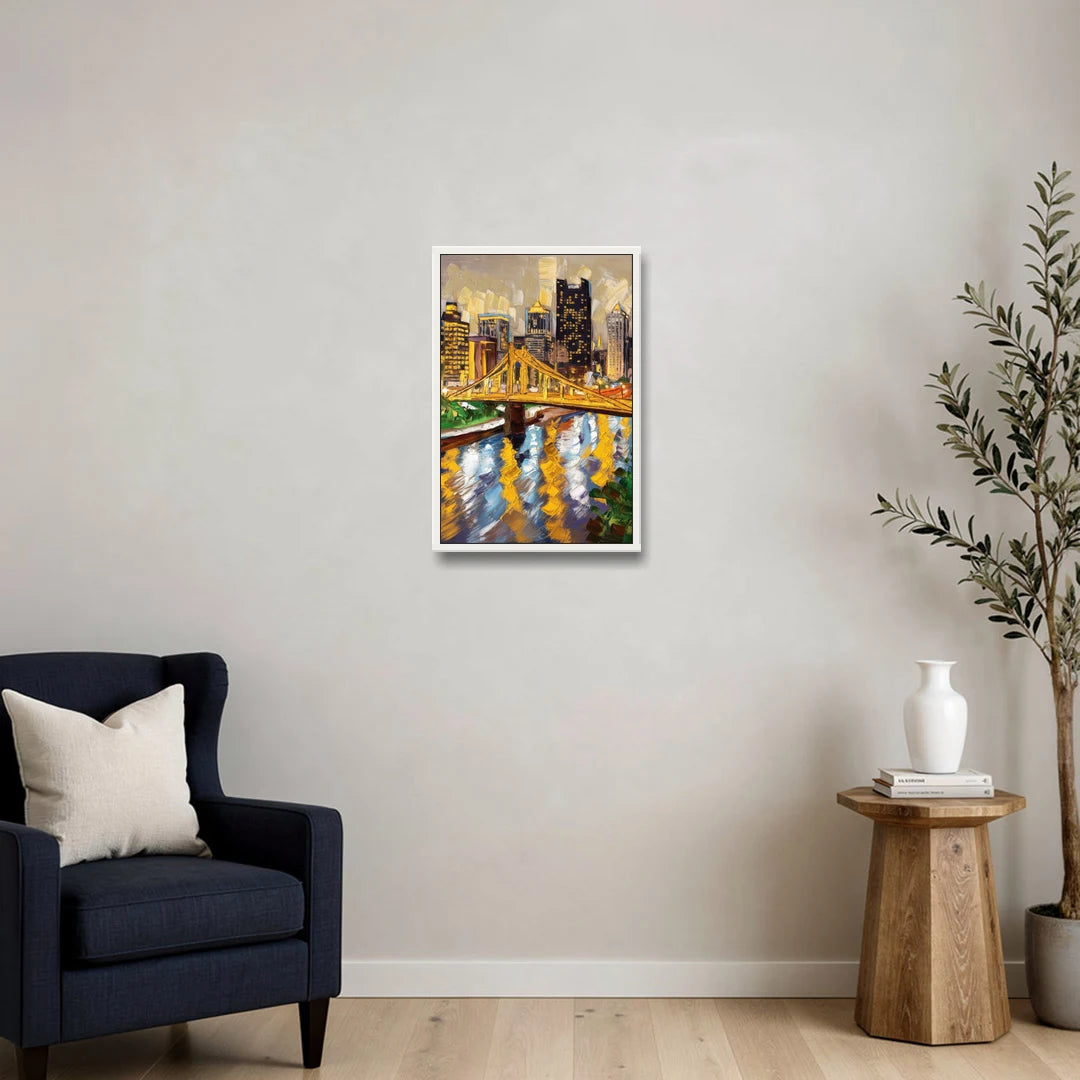 Pittsburgh Downtown Lights - White Framed Canvas Wall Art - Sofa - 16x24