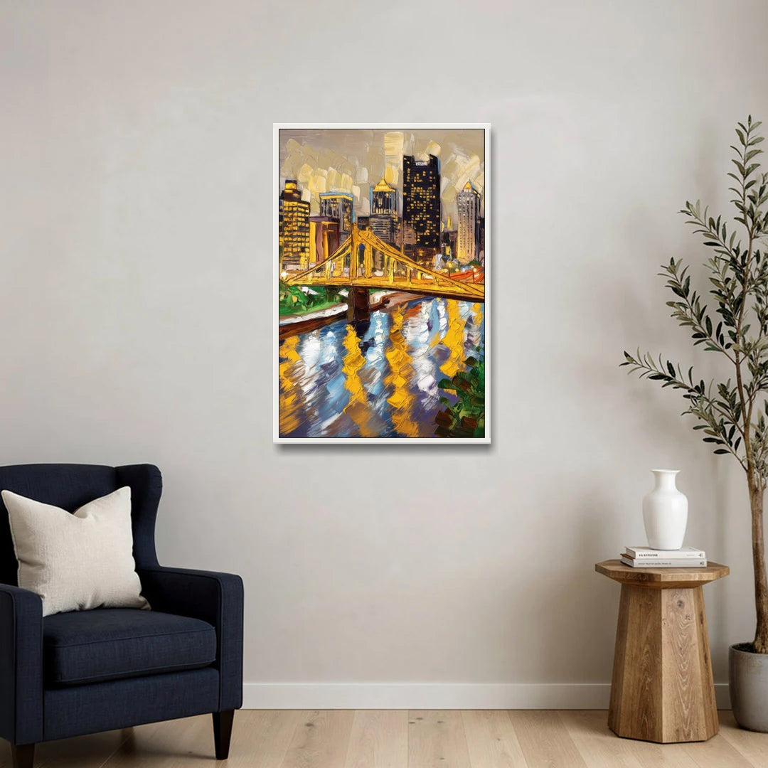 Pittsburgh Downtown Lights - White Framed Canvas Wall Art - Sofa - 24x36