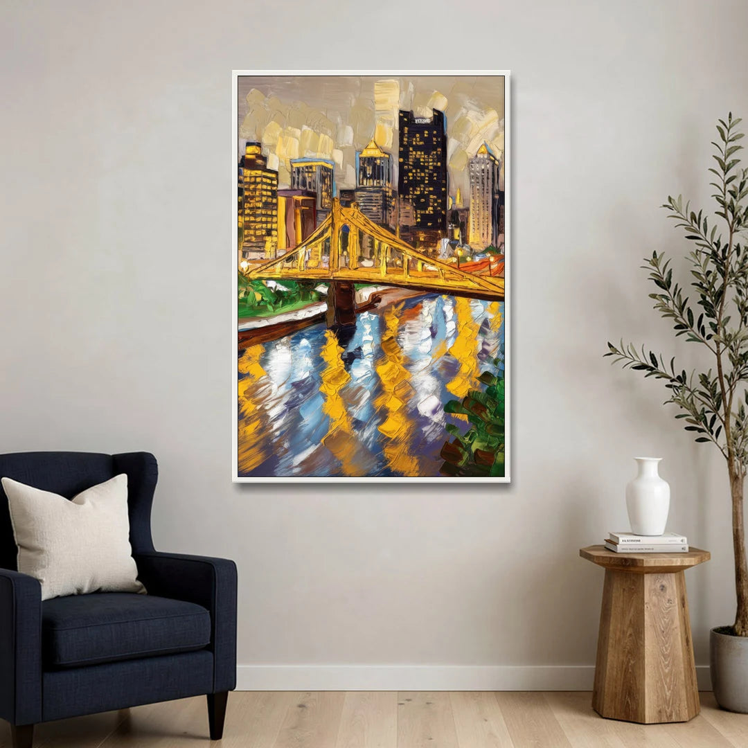 Pittsburgh Downtown Lights - White Framed Canvas Wall Art - Sofa - 32x48