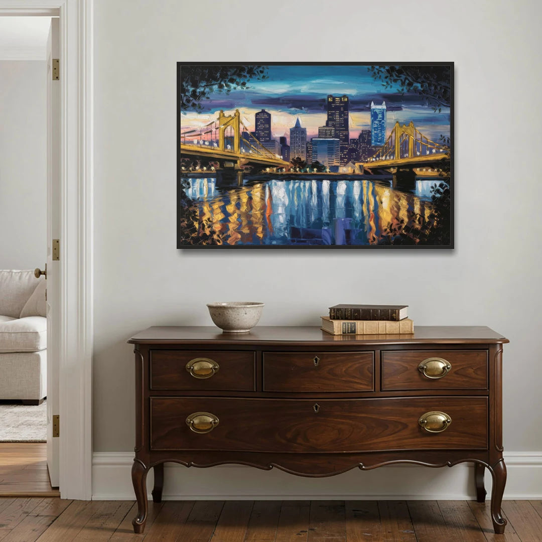 Pittsburgh Downtown Lights at Night - Black Framed Canvas Wall Art - Coffee Table - 48x32