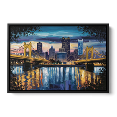 Pittsburgh Downtown Lights at Night - Black Framed Canvas Wall Art - Front