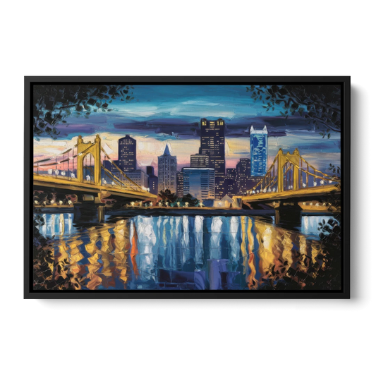Pittsburgh Downtown Lights at Night - Black Framed Canvas Wall Art - Front