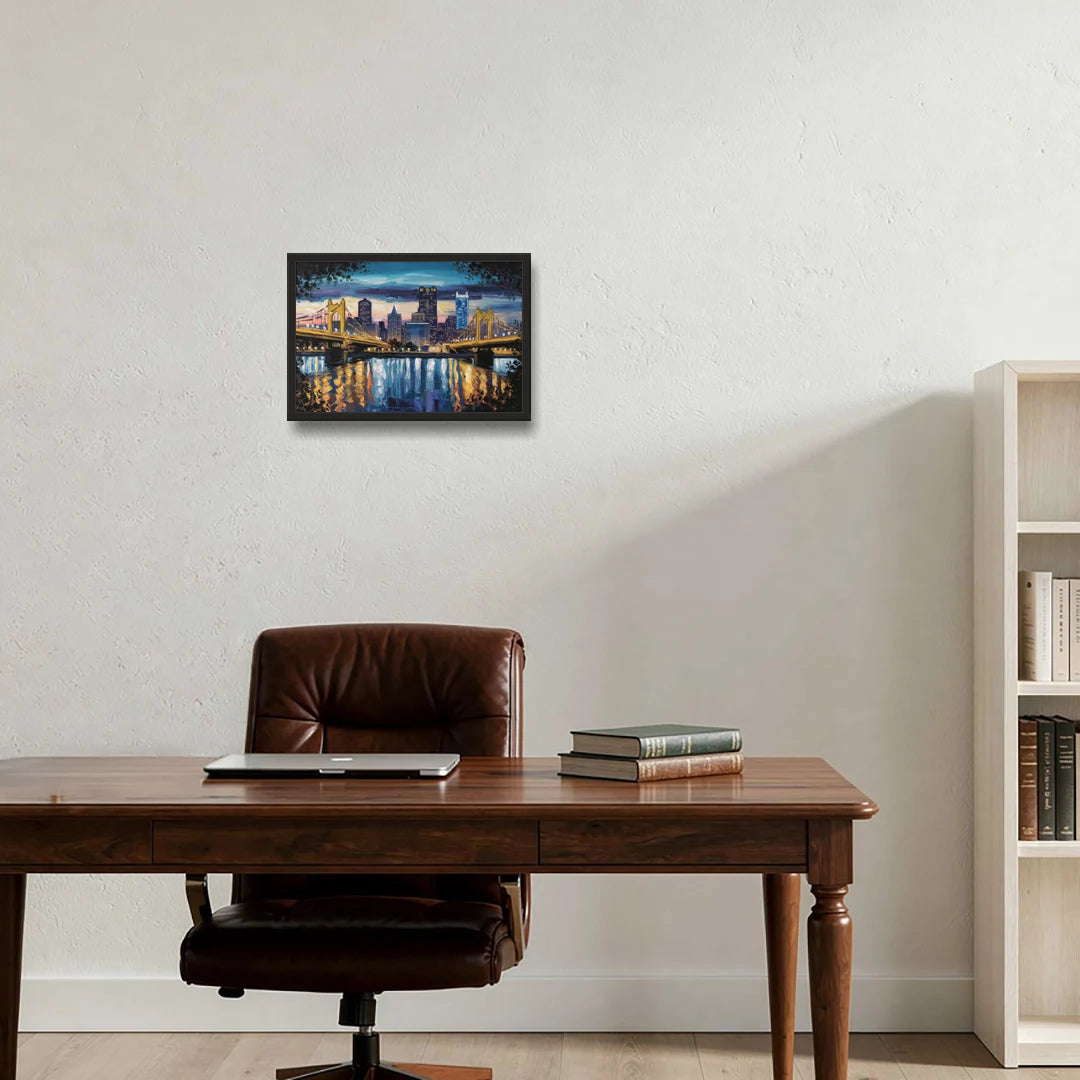 Pittsburgh Downtown Lights at Night - Black Framed Canvas Wall Art - Office - 18x12