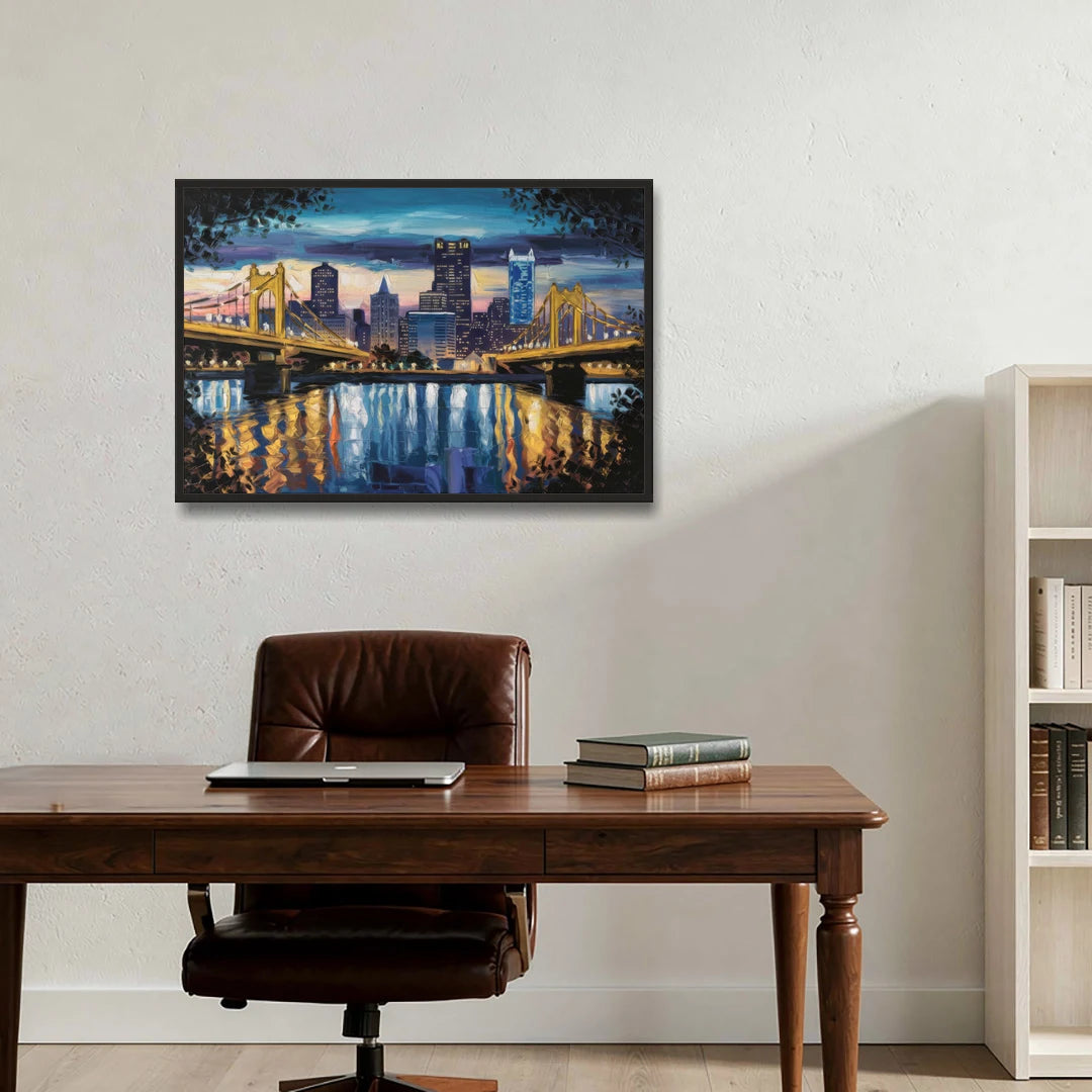 Pittsburgh Downtown Lights at Night - Black Framed Canvas Wall Art - Office - 36x24
