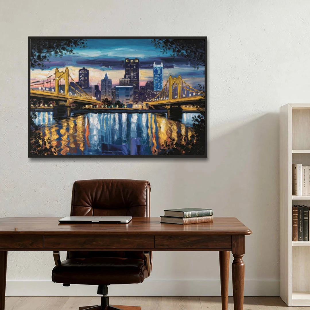 Pittsburgh Downtown Lights at Night - Black Framed Canvas Wall Art - Office - 48x32