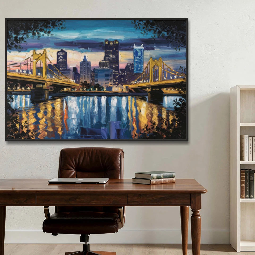 Pittsburgh Downtown Lights at Night - Black Framed Canvas Wall Art - Office - 60x40