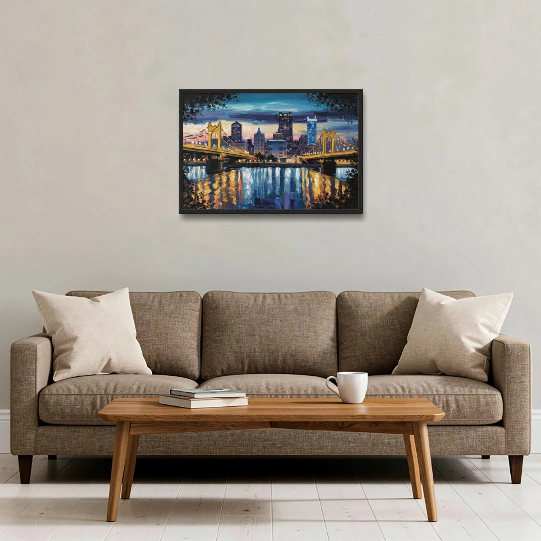 Pittsburgh Downtown Lights at Night - Black Framed Canvas Wall Art - Sofa - 30x20