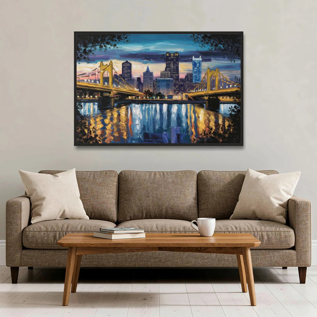 Pittsburgh Downtown Lights at Night - Black Framed Canvas Wall Art - Sofa - 48x32
